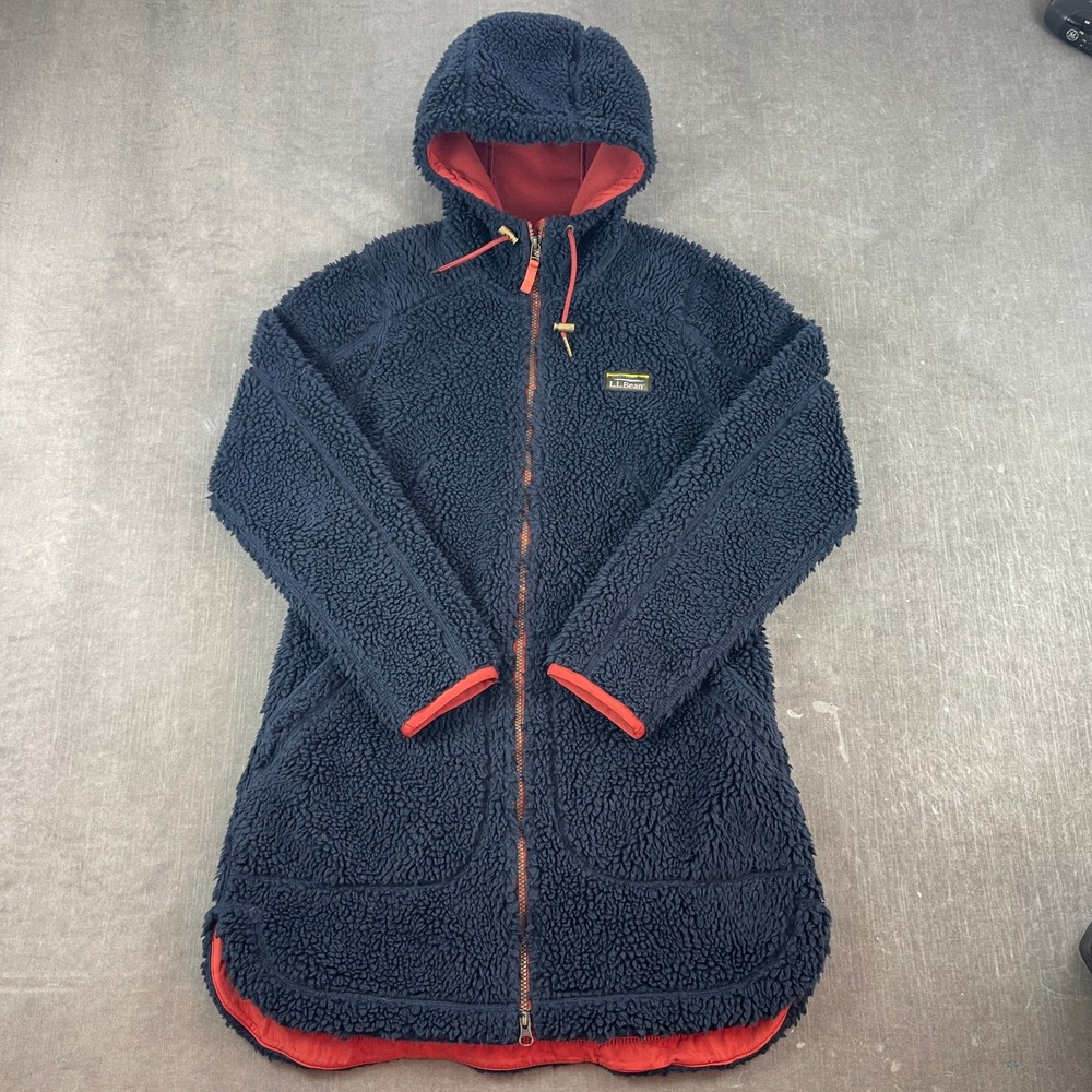 L.L. Bean Womens Small Navy Blue Sherpa Fleece Hooded Longline Parka Jacket